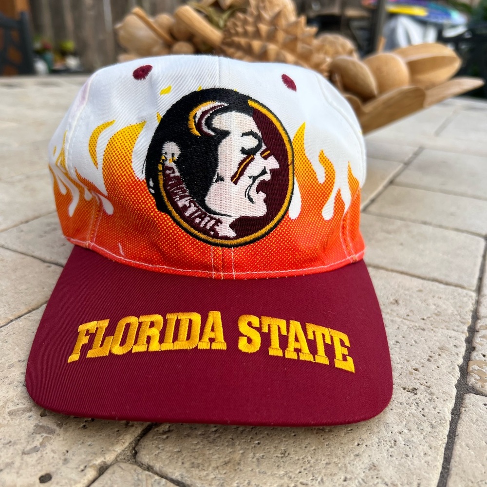 Vintage RARE 90s Florida State Seminoles On Fire Flames Snapback Hat Front Row